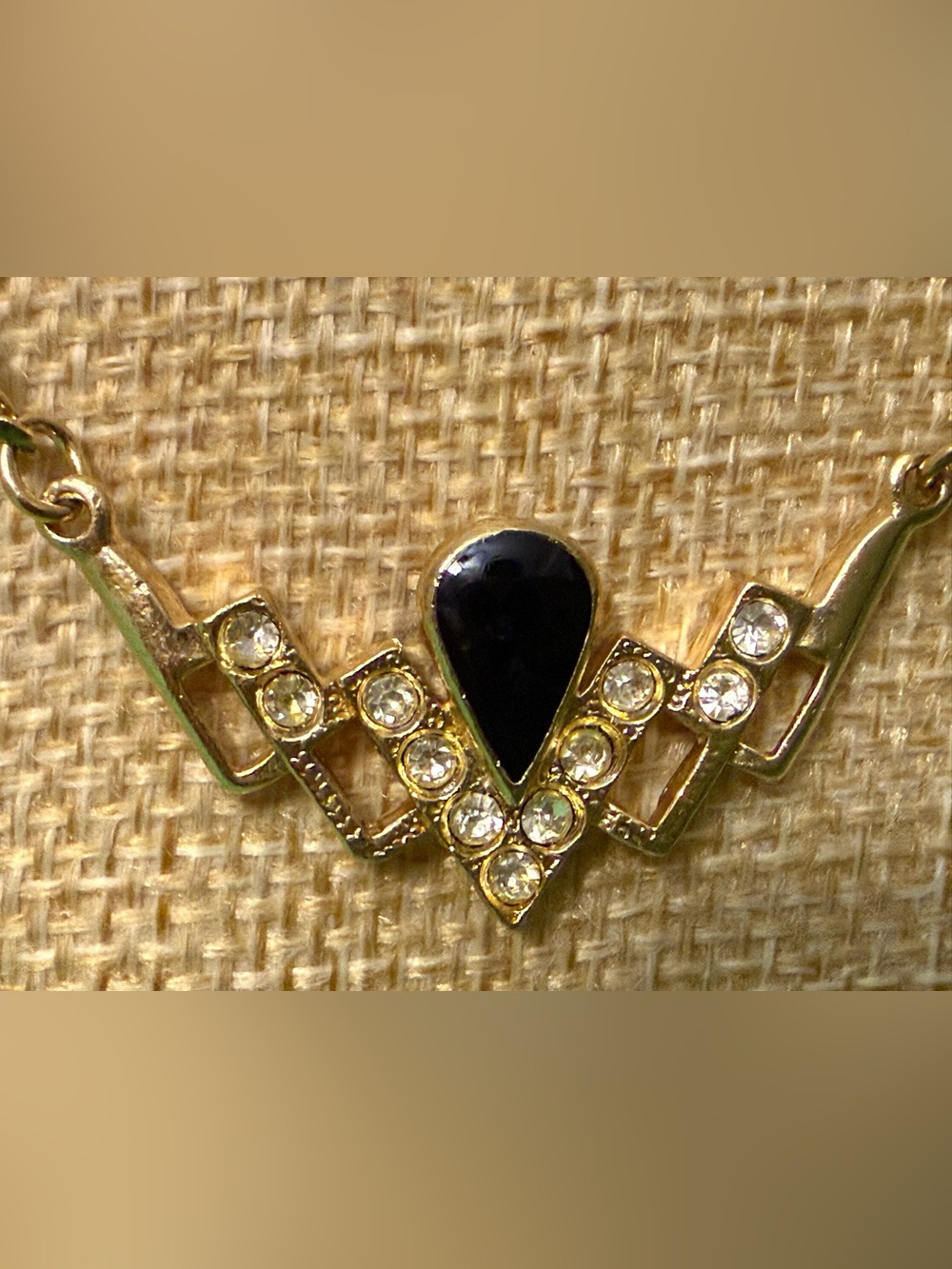 Vintage Gold-Tone Black Teardrop Crystal V-Front Necklace